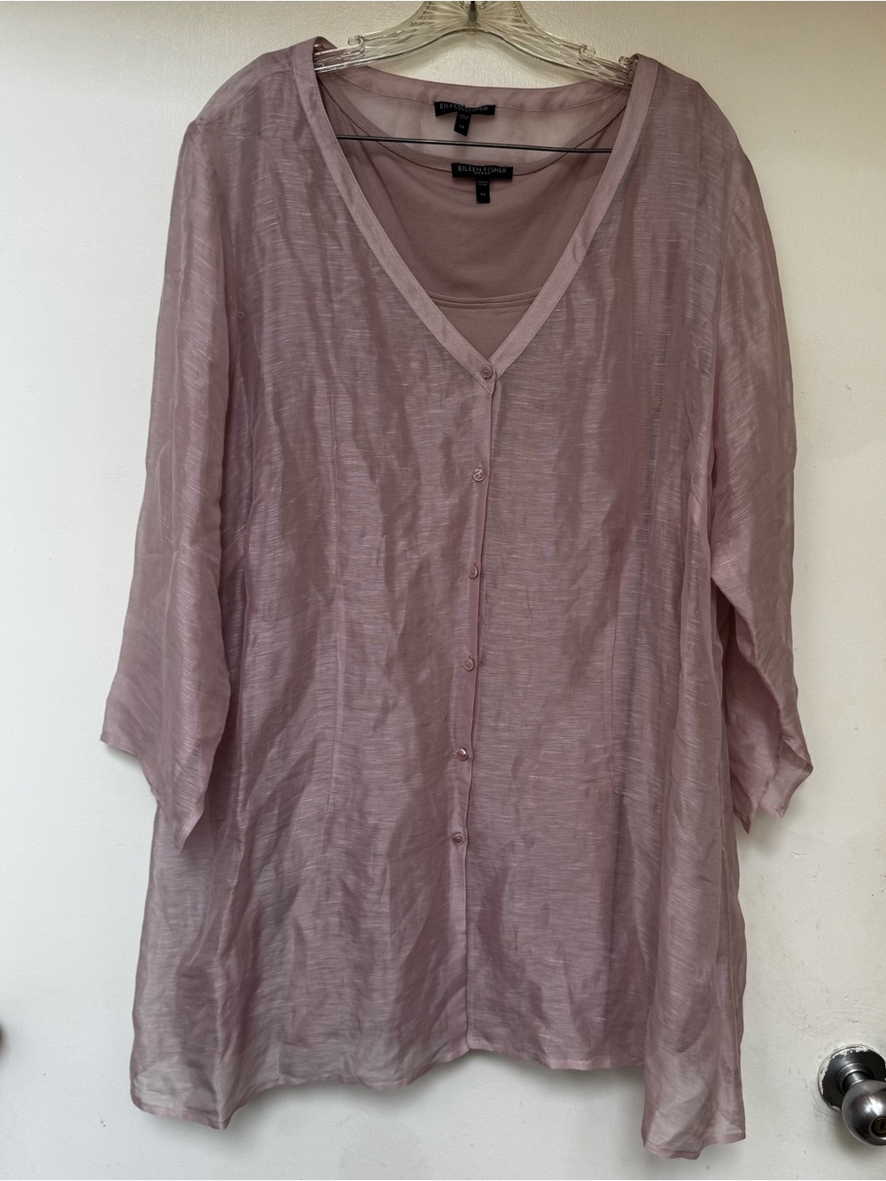 Eileen Fisher Set Sheer Dusty Mauve Button-Front Tunic & Tank Shell